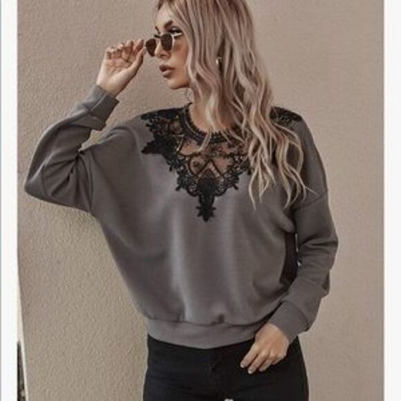 NEw Lace Neck Sweatshirt Pullover Top - Picture 3 of 6